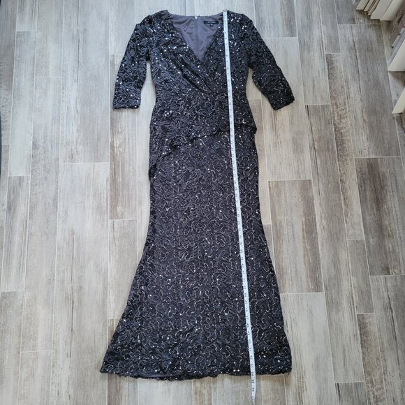 Blu Sage Slate Black Formal Sequins Dress, Sz 4, V-Neck, Lace ¾ Sleeve, EUC - Picture 3 of 9